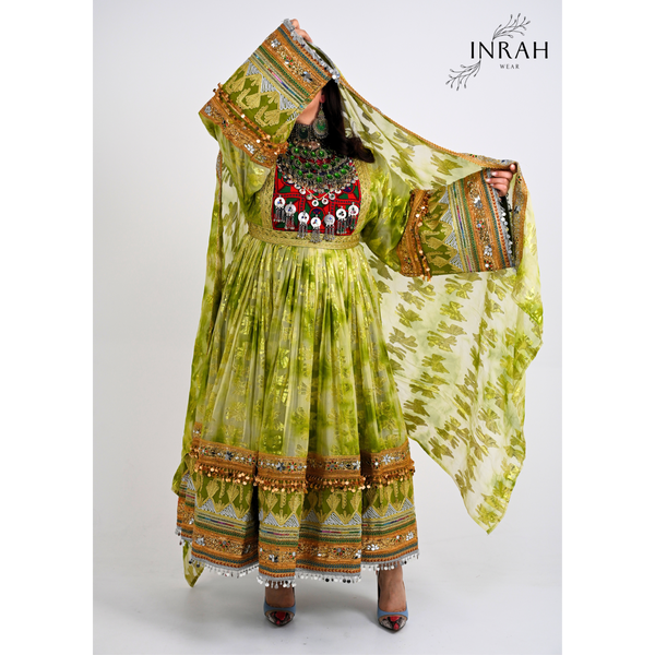 Inrahwear Inrah Kochani Traditional Green Afghan Peshwas Dress for Women – Handmade Embroidered Attire for Eid, Weddings & Cultural Events