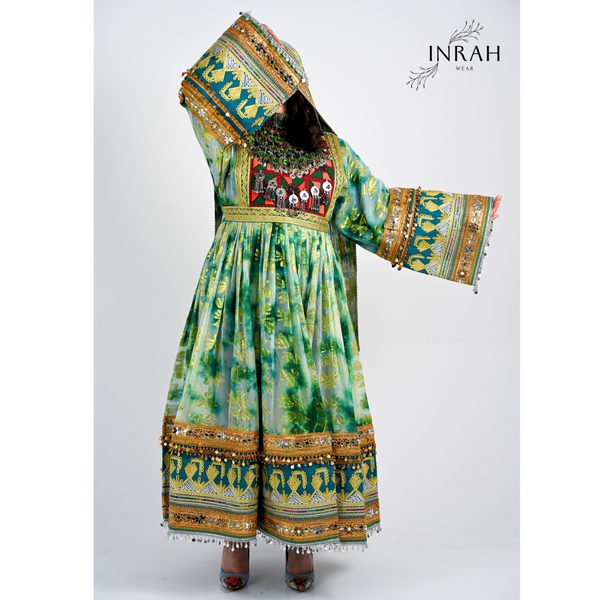 Inrahwear Inrah Kochani Green Traditional Afghan Dress – Handcrafted Peshwas Style